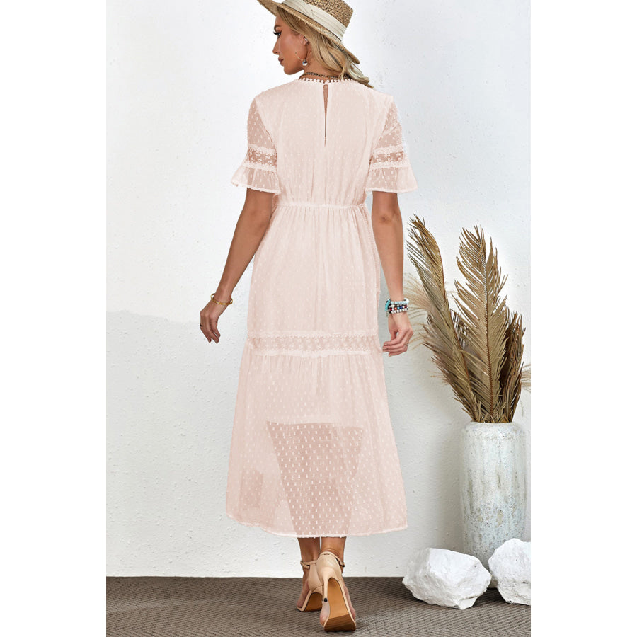 Swiss Dot V-Neck Short Sleeve Midi Dress