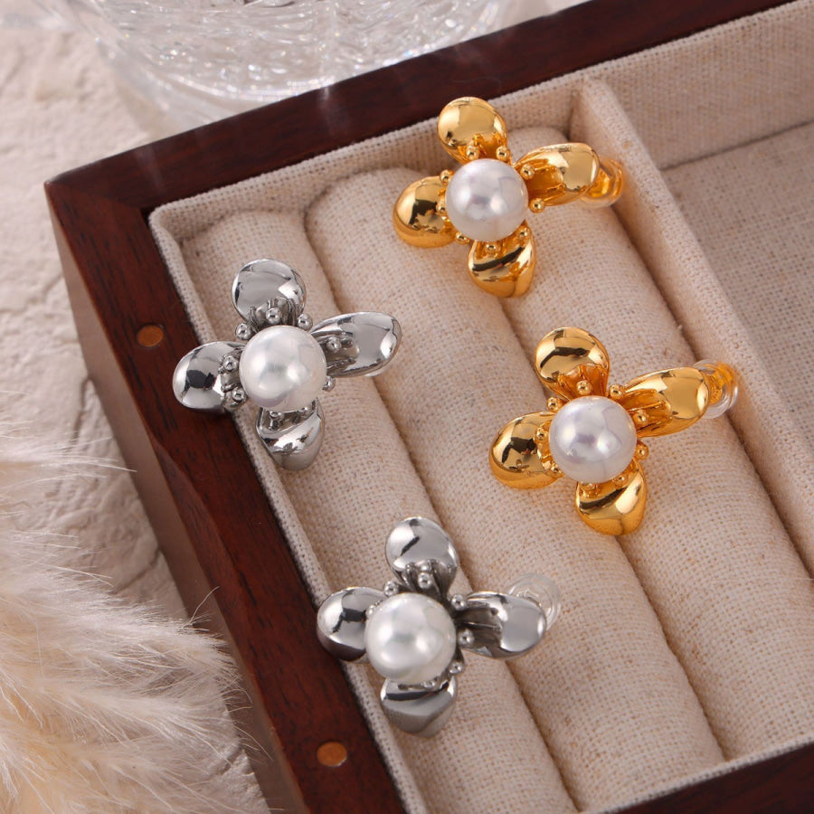 Synthetic Pearl Titanium Steel Flower Earrings Apparel and Accessories