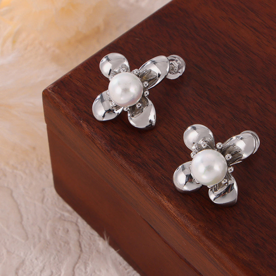 Synthetic Pearl Titanium Steel Flower Earrings Apparel and Accessories