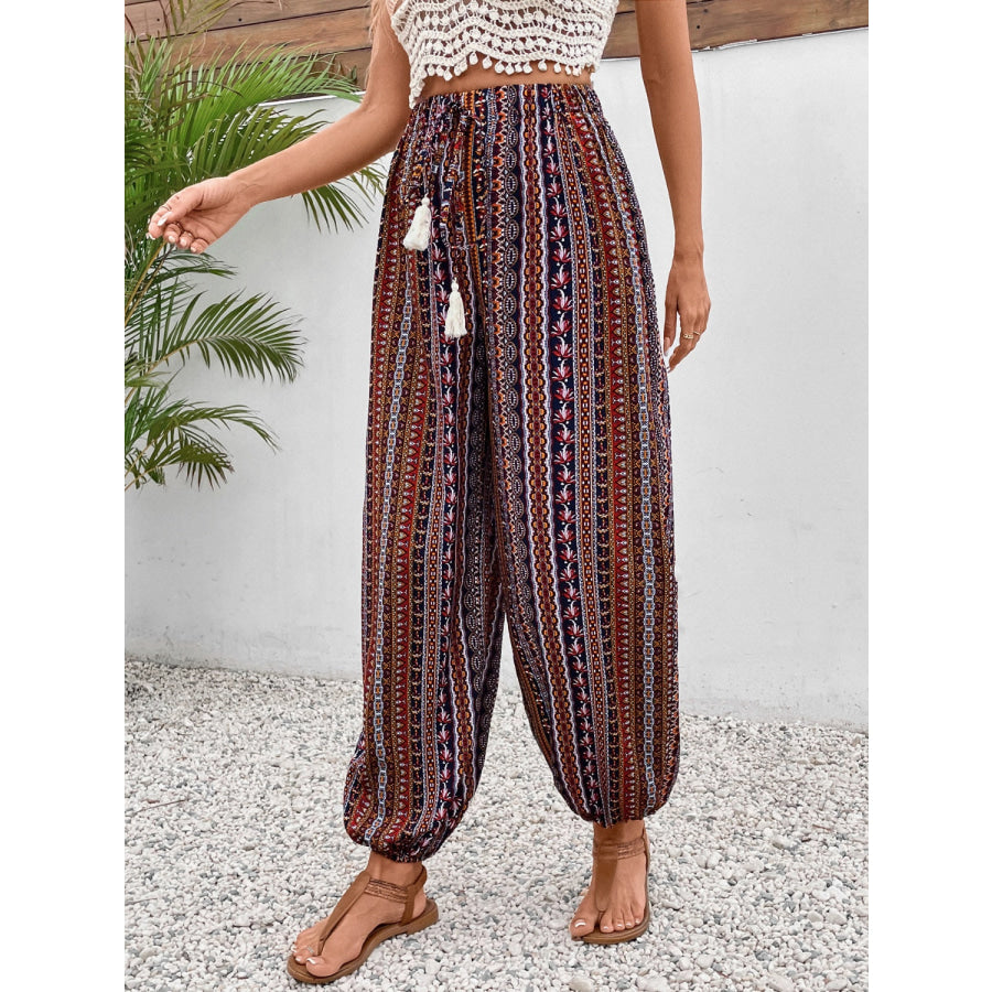 Tassel Printed High Waist Pants Apparel and Accessories