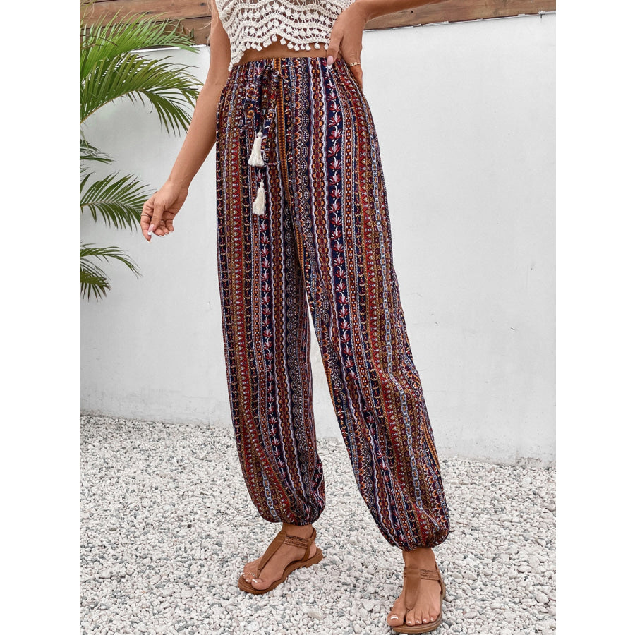 Tassel Printed High Waist Pants Apparel and Accessories