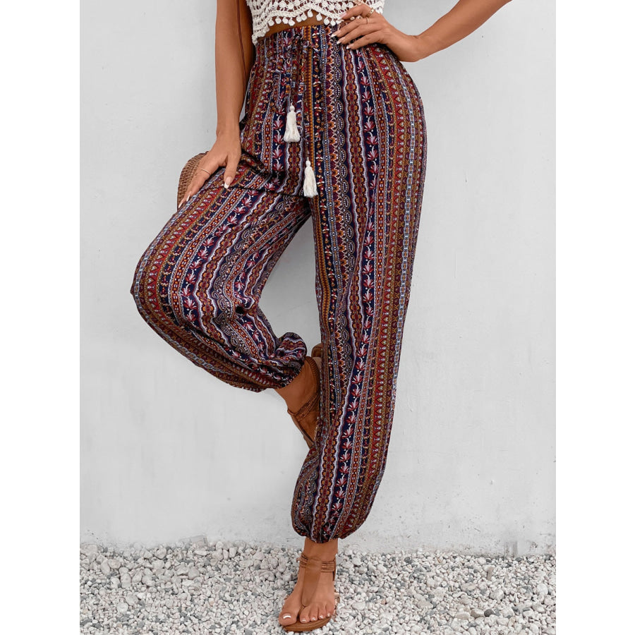 Tassel Printed High Waist Pants Apparel and Accessories
