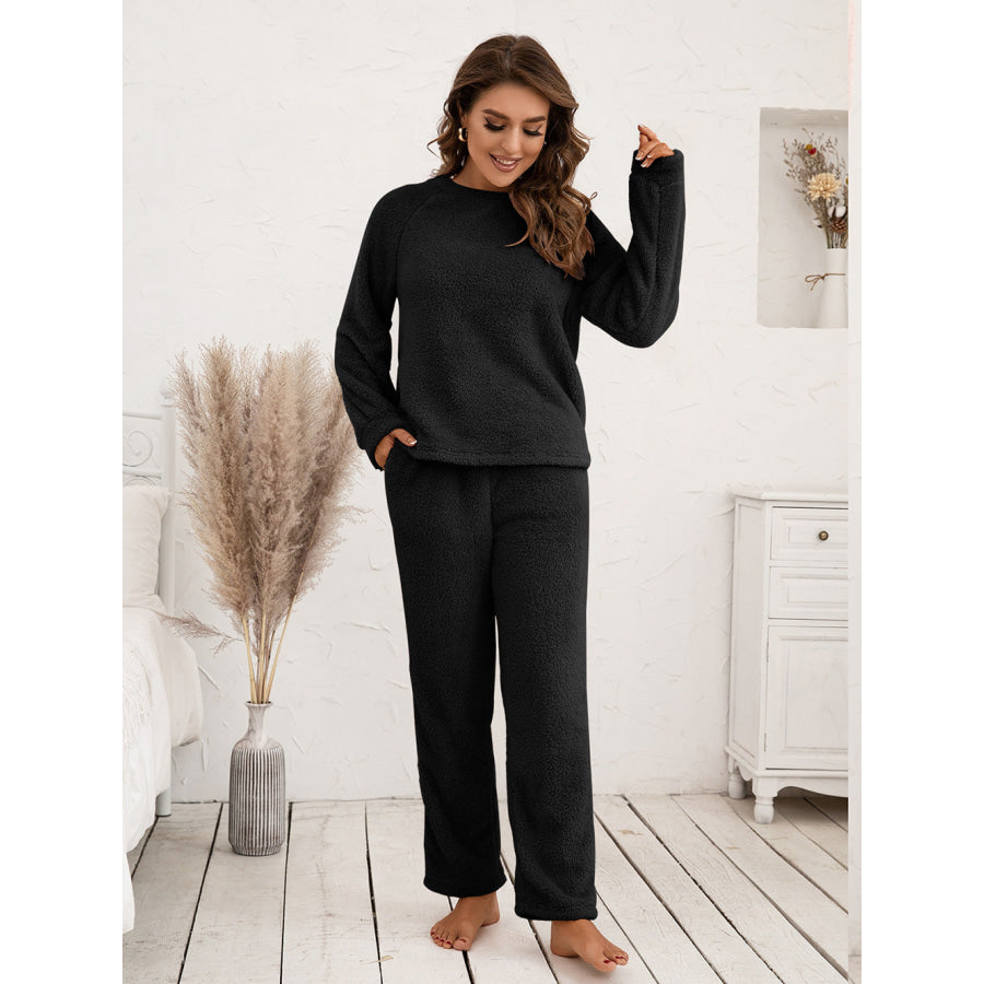 Teddy Long Sleeve Top and Pants Lounge Set Black / S
