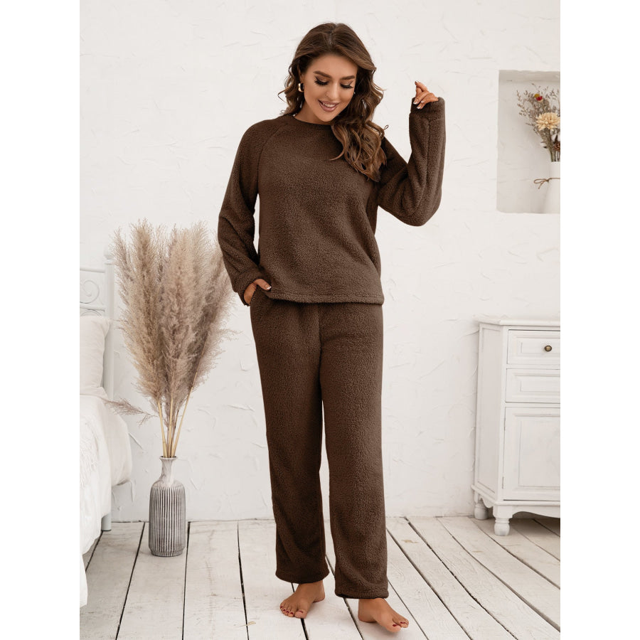 Teddy Long Sleeve Top and Pants Lounge Set Chocolate / S