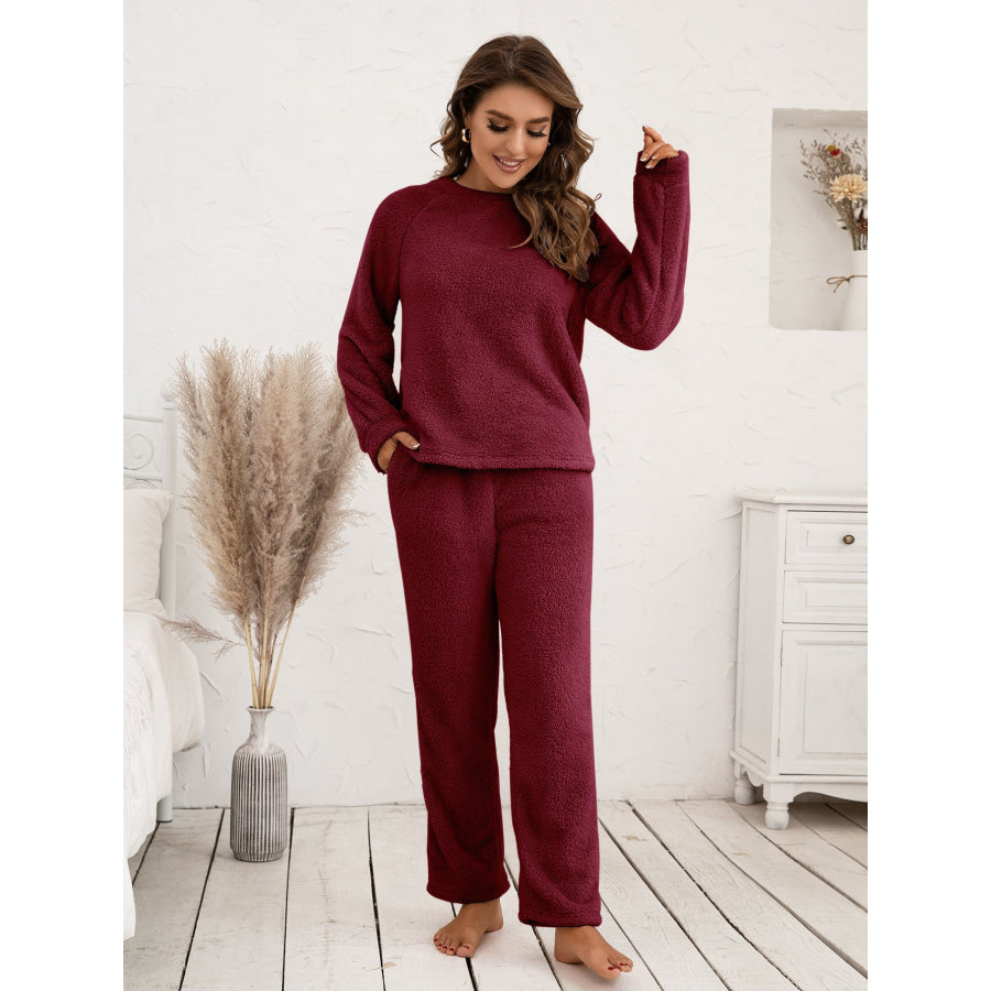 Teddy Long Sleeve Top and Pants Lounge Set Wine / S