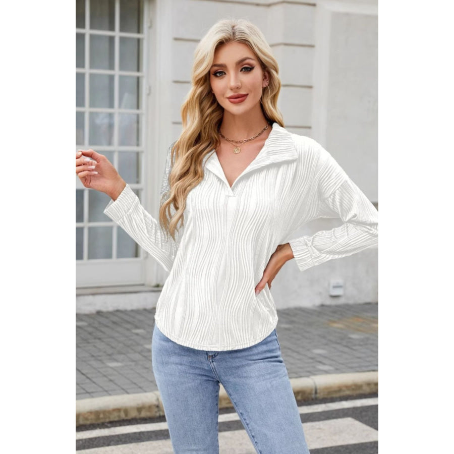 Texture Collared Neck Long Sleeve Blouse Apparel and Accessories