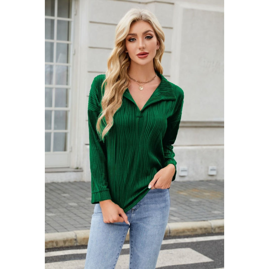 Texture Collared Neck Long Sleeve Blouse Apparel and Accessories