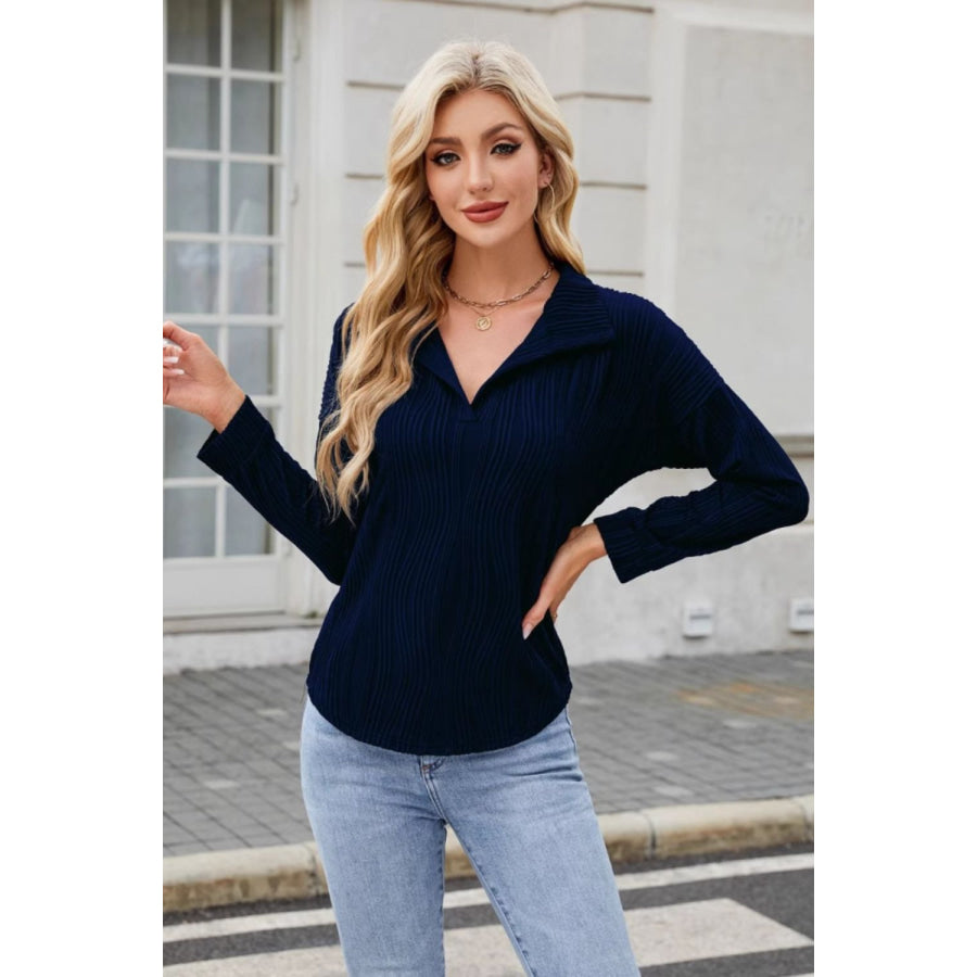 Texture Collared Neck Long Sleeve Blouse Apparel and Accessories