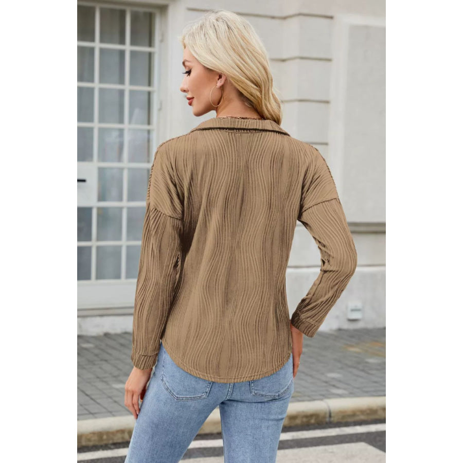 Texture Collared Neck Long Sleeve Blouse Apparel and Accessories