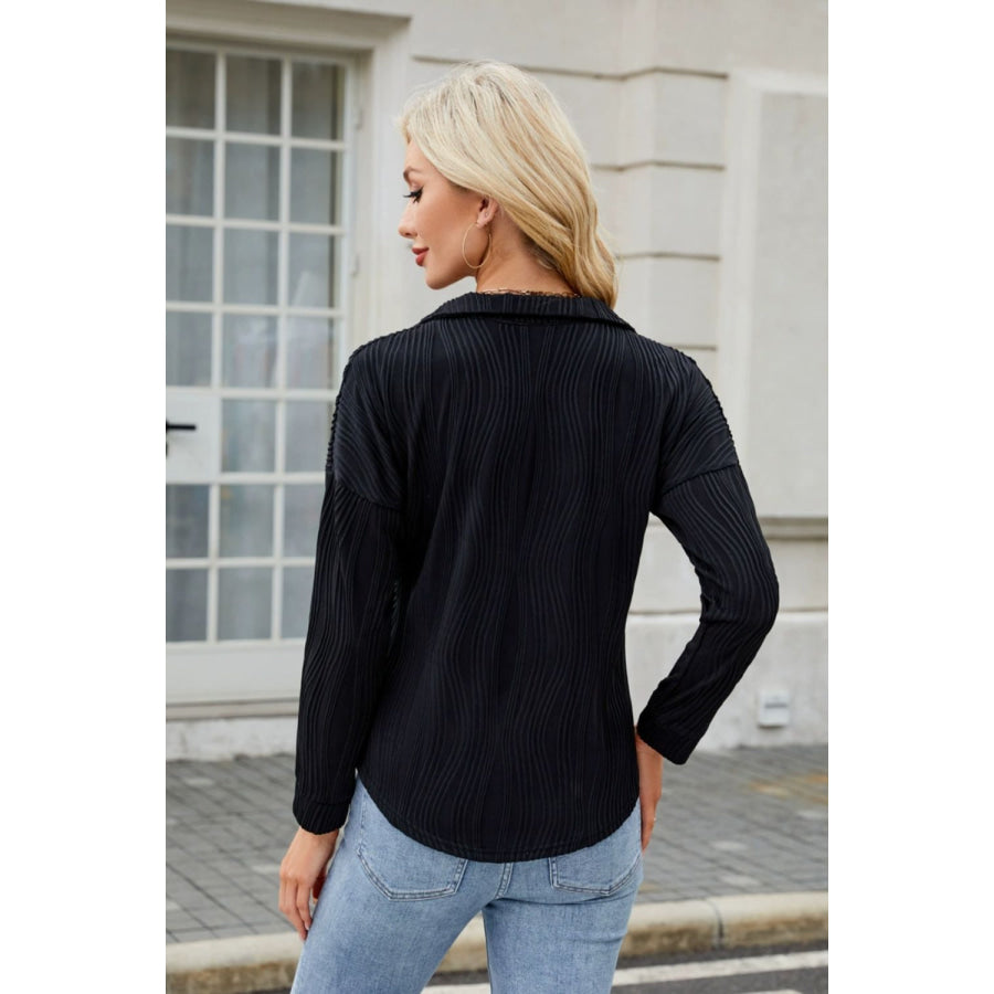 Texture Collared Neck Long Sleeve Blouse Apparel and Accessories
