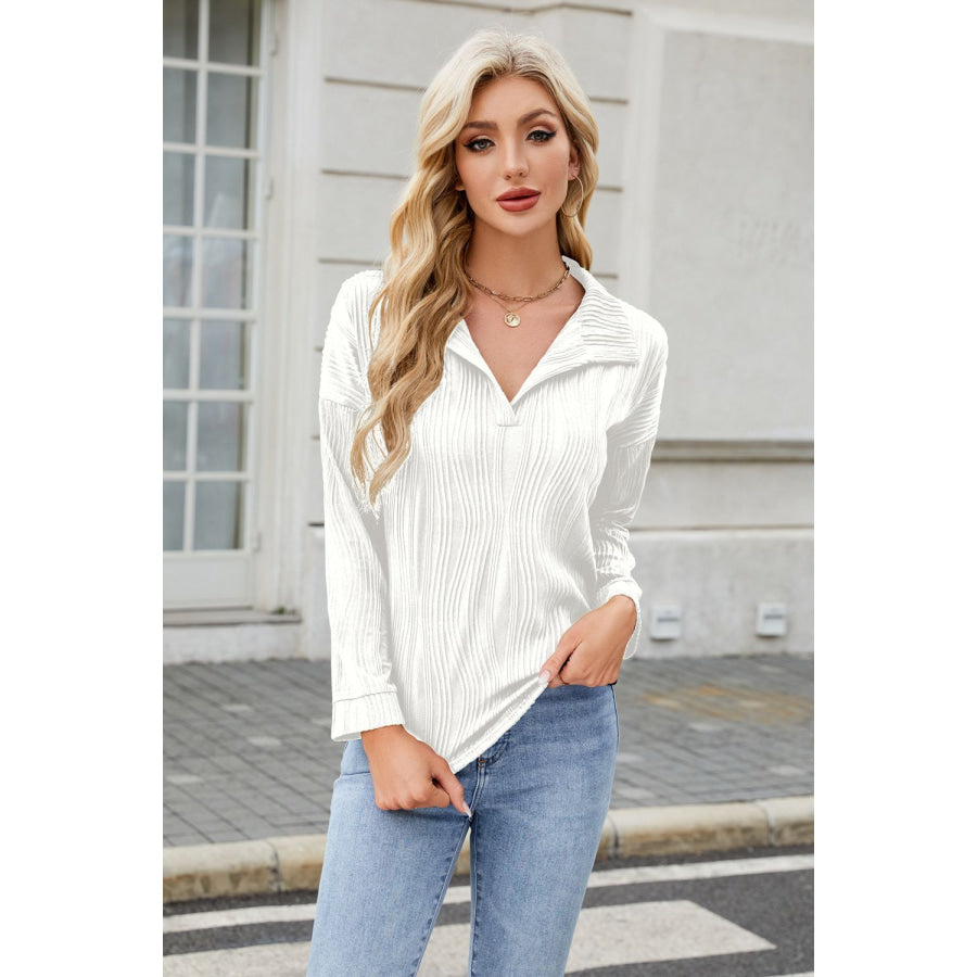 Texture Collared Neck Long Sleeve Blouse Apparel and Accessories