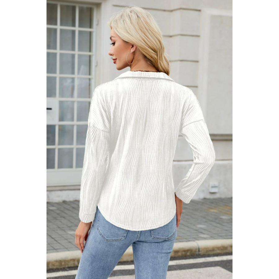 Texture Collared Neck Long Sleeve Blouse Apparel and Accessories