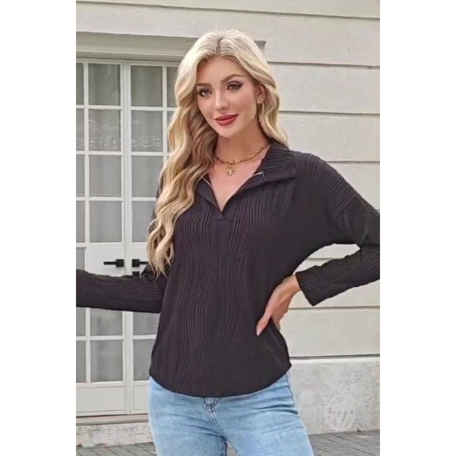 Texture Collared Neck Long Sleeve Blouse Apparel and Accessories