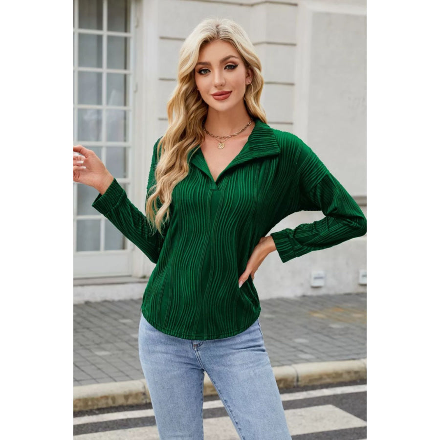 Texture Collared Neck Long Sleeve Blouse Apparel and Accessories