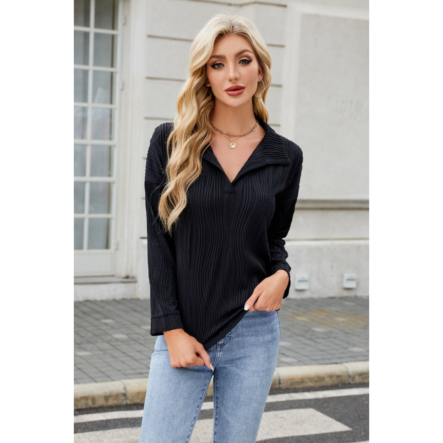 Texture Collared Neck Long Sleeve Blouse Black / S Apparel and Accessories