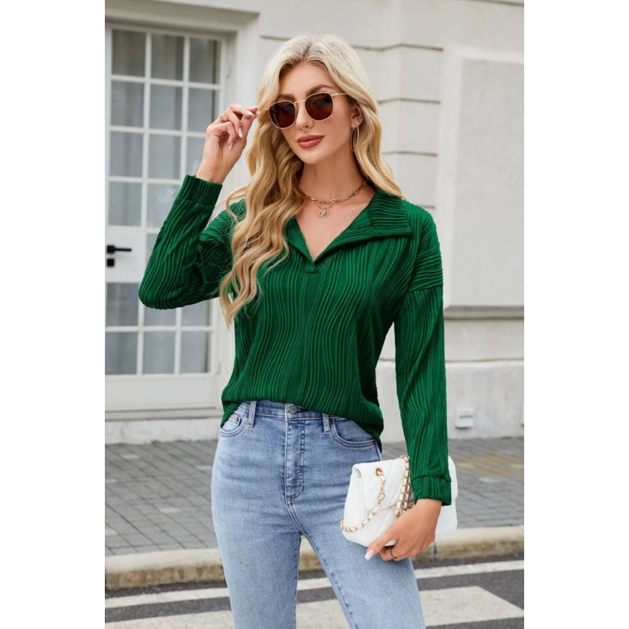 Texture Collared Neck Long Sleeve Blouse Dark Green / S Apparel and Accessories