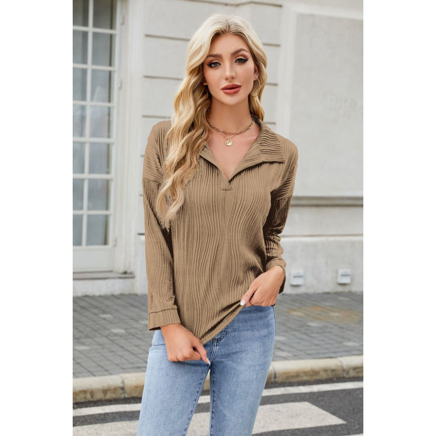 Texture Collared Neck Long Sleeve Blouse Taupe / S Apparel and Accessories