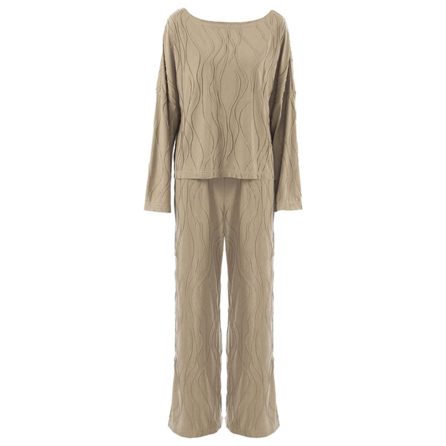Texture Dropped Shoulder Long Sleeve Top and Pants Set Apparel and Accessories