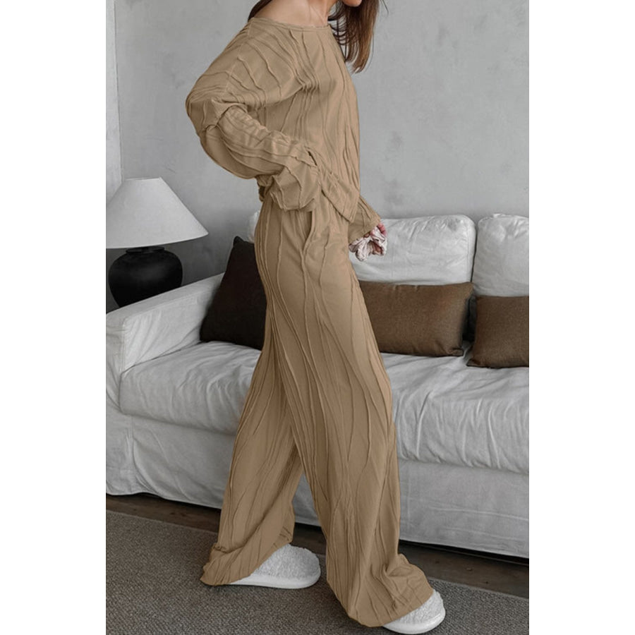 Texture Dropped Shoulder Long Sleeve Top and Pants Set Apparel and Accessories