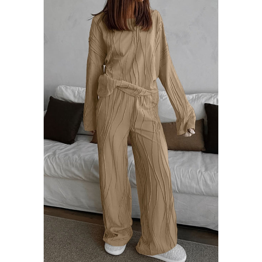 Texture Dropped Shoulder Long Sleeve Top and Pants Set Camel / S Apparel and Accessories