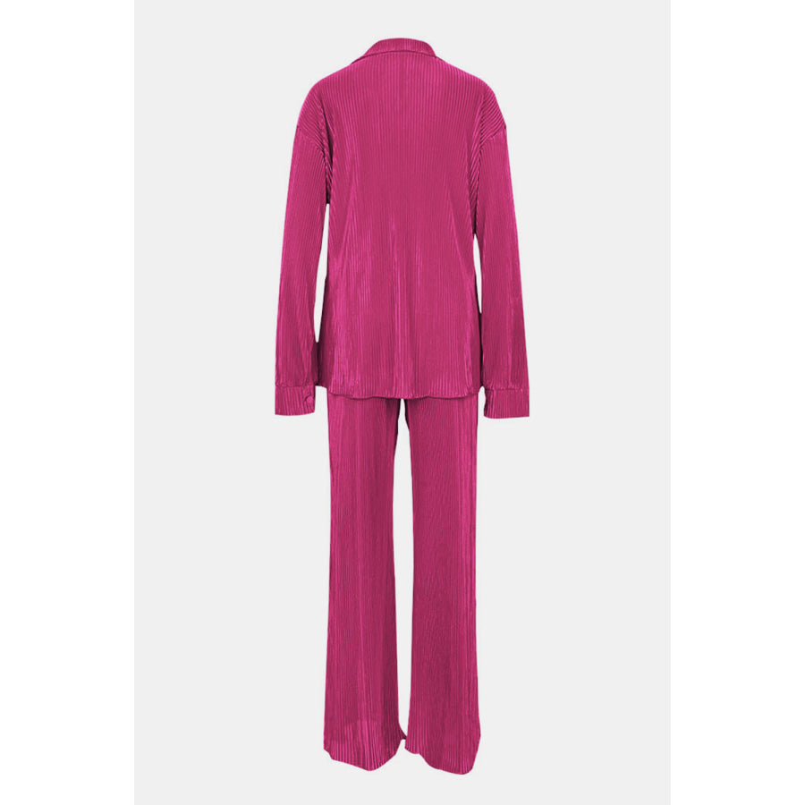 Textured Button Up Collared Neck Top and Pants Set Apparel and Accessories