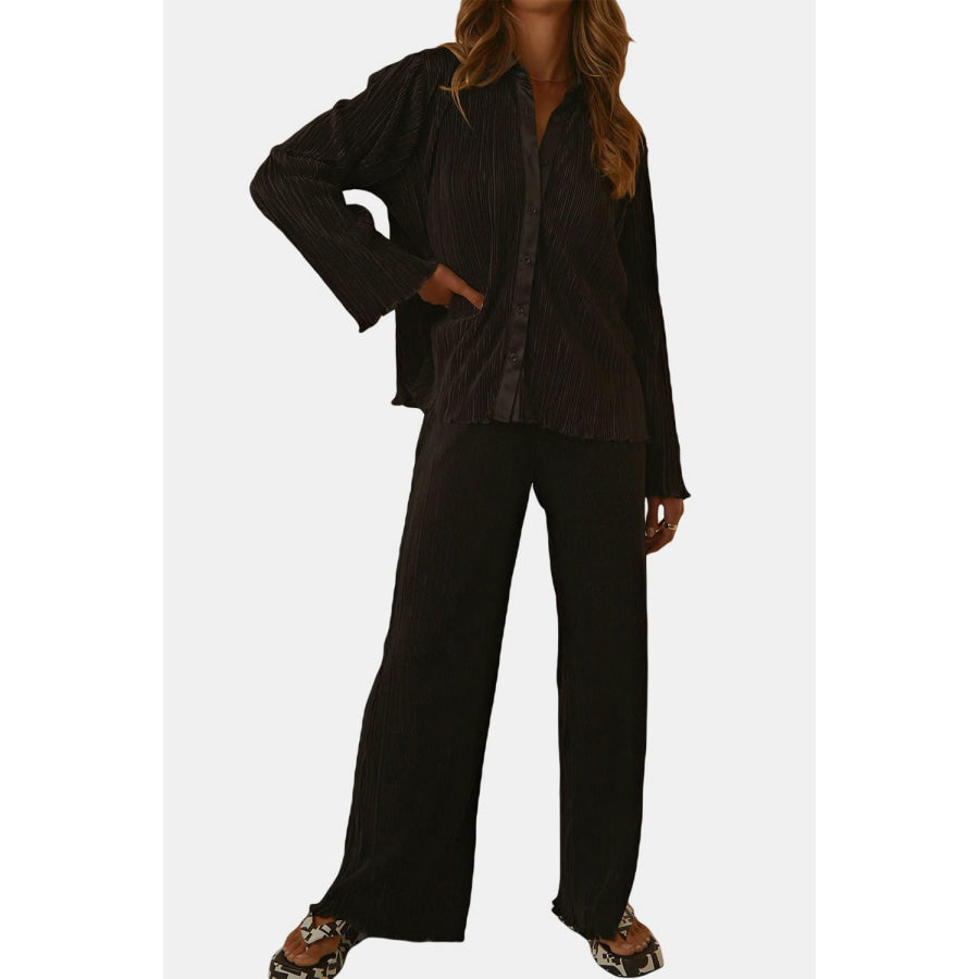 Textured Button Up Collared Neck Top and Pants Set Apparel and Accessories