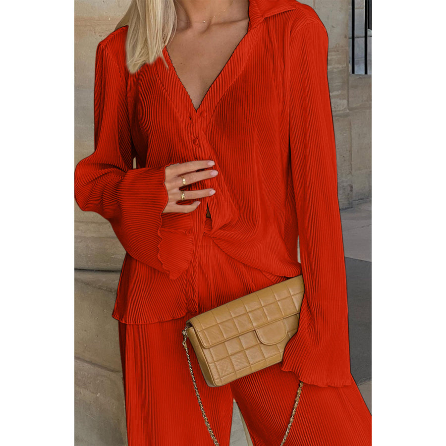 Textured Button Up Collared Neck Top and Pants Set Apparel and Accessories