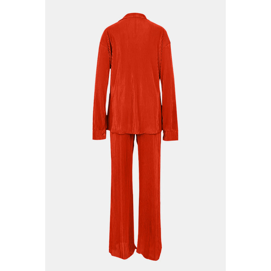 Textured Button Up Collared Neck Top and Pants Set Apparel and Accessories