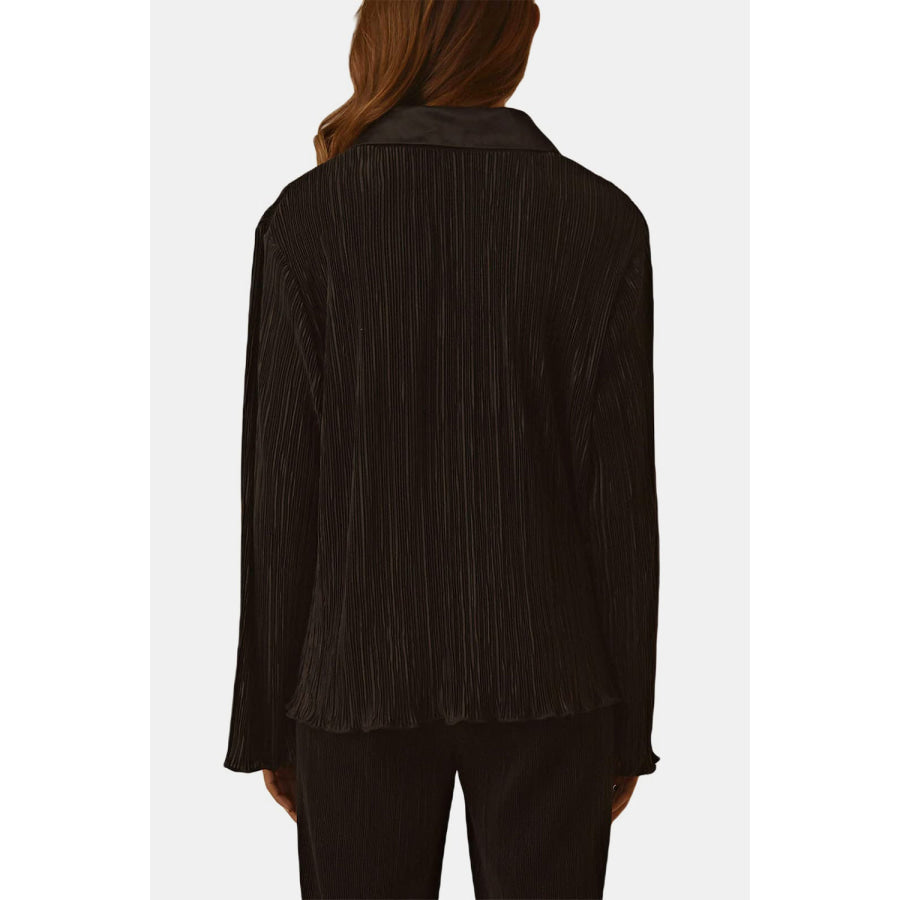 Textured Button Up Collared Neck Top and Pants Set Apparel and Accessories