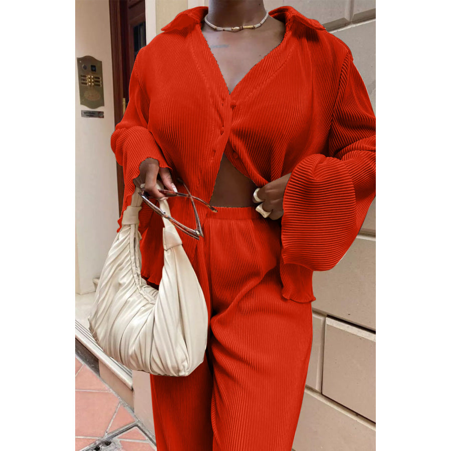 Textured Button Up Collared Neck Top and Pants Set Orange-Red / S Apparel and Accessories