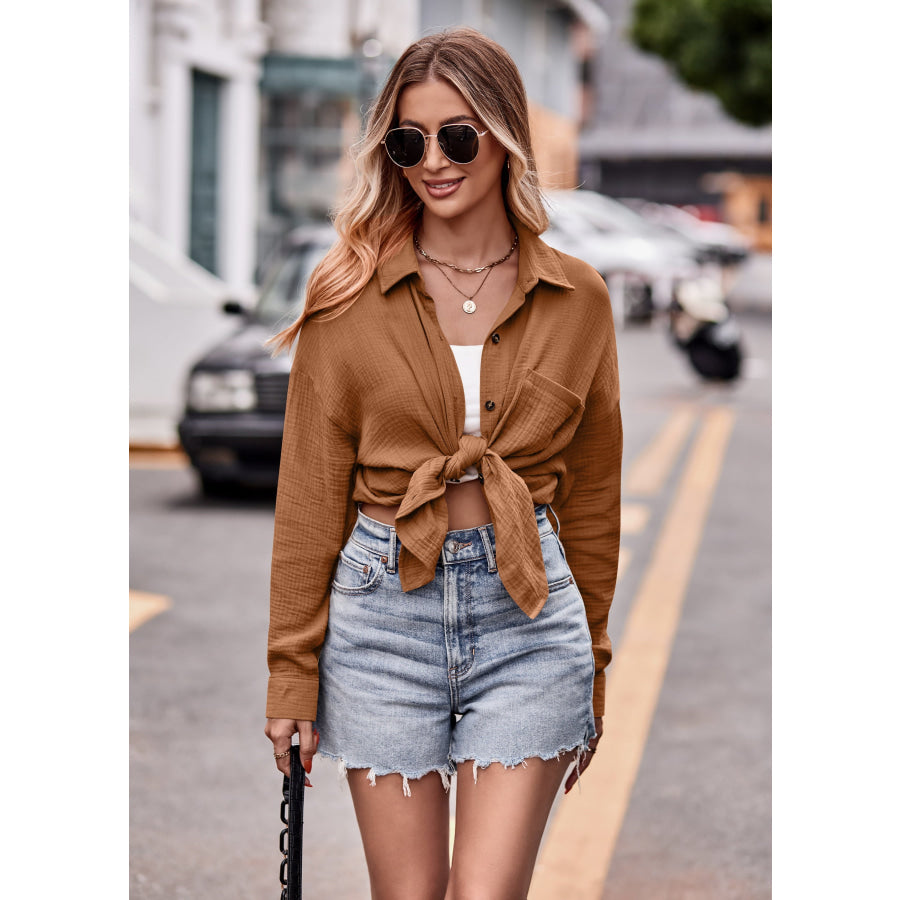 Textured Dropped Shoulder Longline Shirt Caramel / S