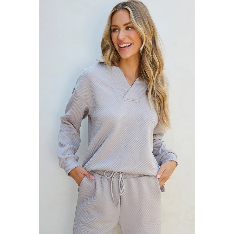 Textured Long Sleeve Top and Drawstring Pants Set Apparel and Accessories