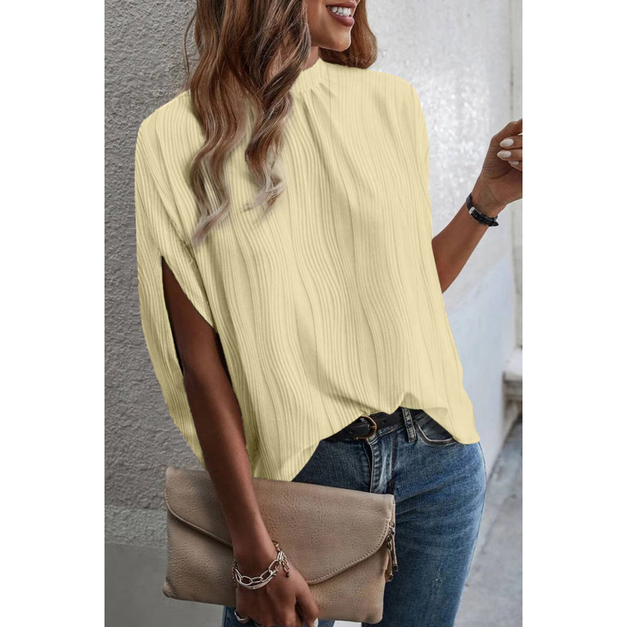 Textured Mock Neck Half Sleeve Blouse Light Yellow / S Apparel and Accessories