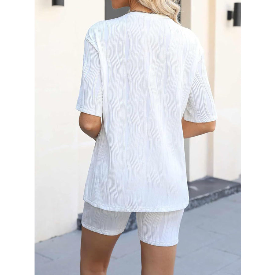 Textured Round Neck Half Sleeve Top and Shorts Set White / S Apparel and Accessories