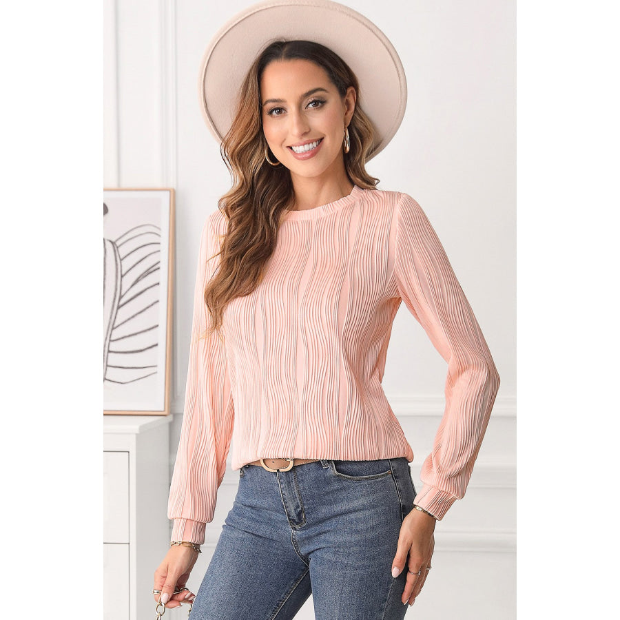 Textured Round Neck Long Sleeve Blouse Apparel and Accessories