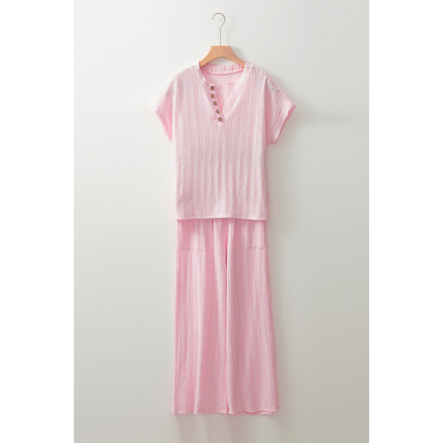 Textured Short Sleeve Top and Pocketed Wide Leg Pants Apparel and Accessories