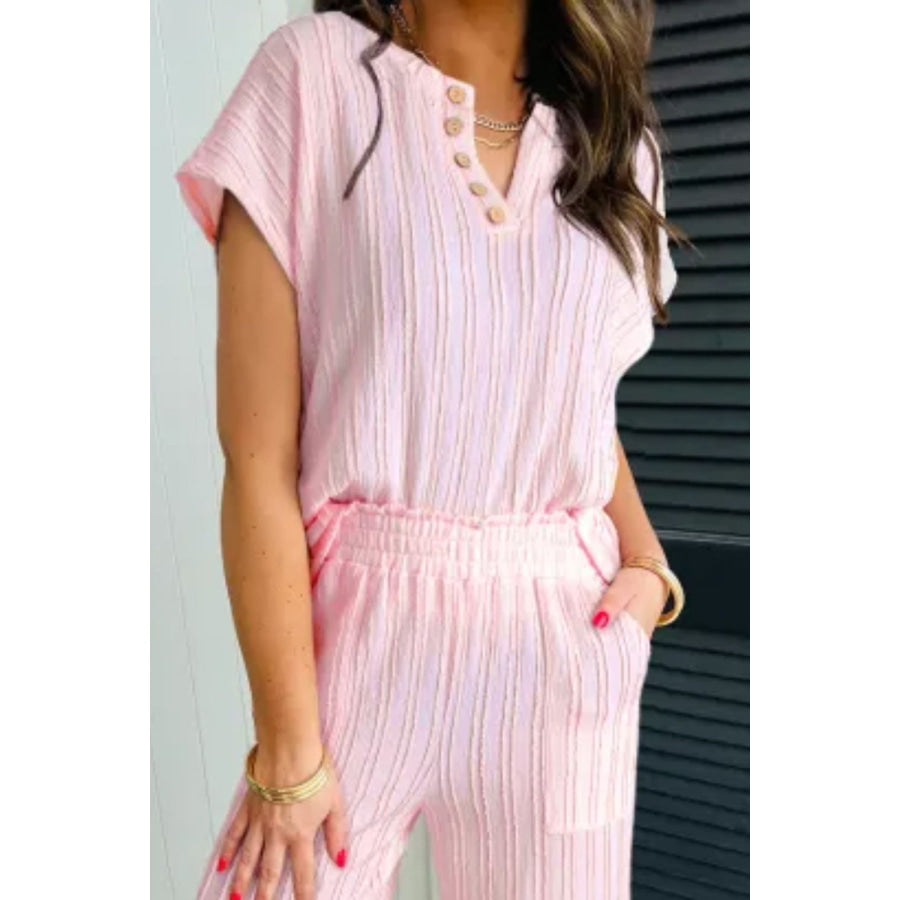 Textured Short Sleeve Top and Pocketed Wide Leg Pants Apparel and Accessories