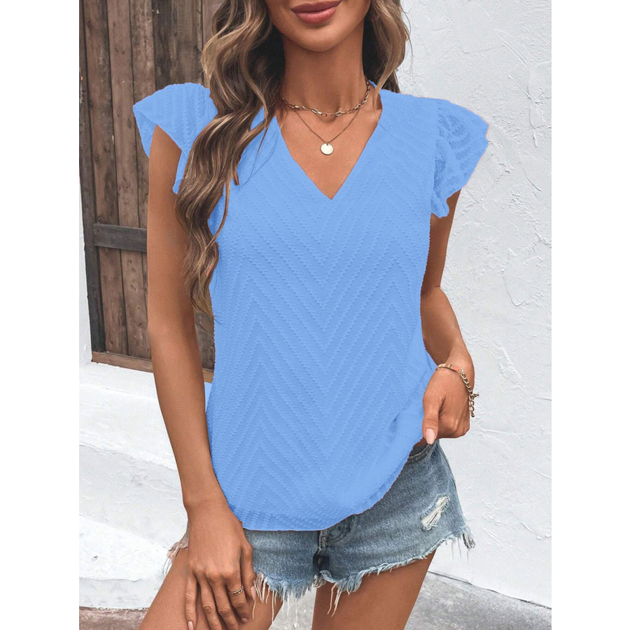 Textured V - Neck Cap Sleeve Blouse