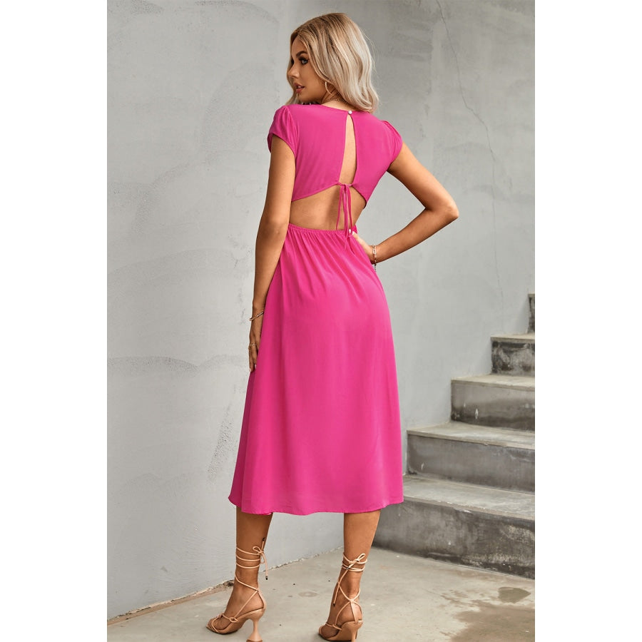 Tie Back Cutout Round Neck Split Dress Hot Pink / S