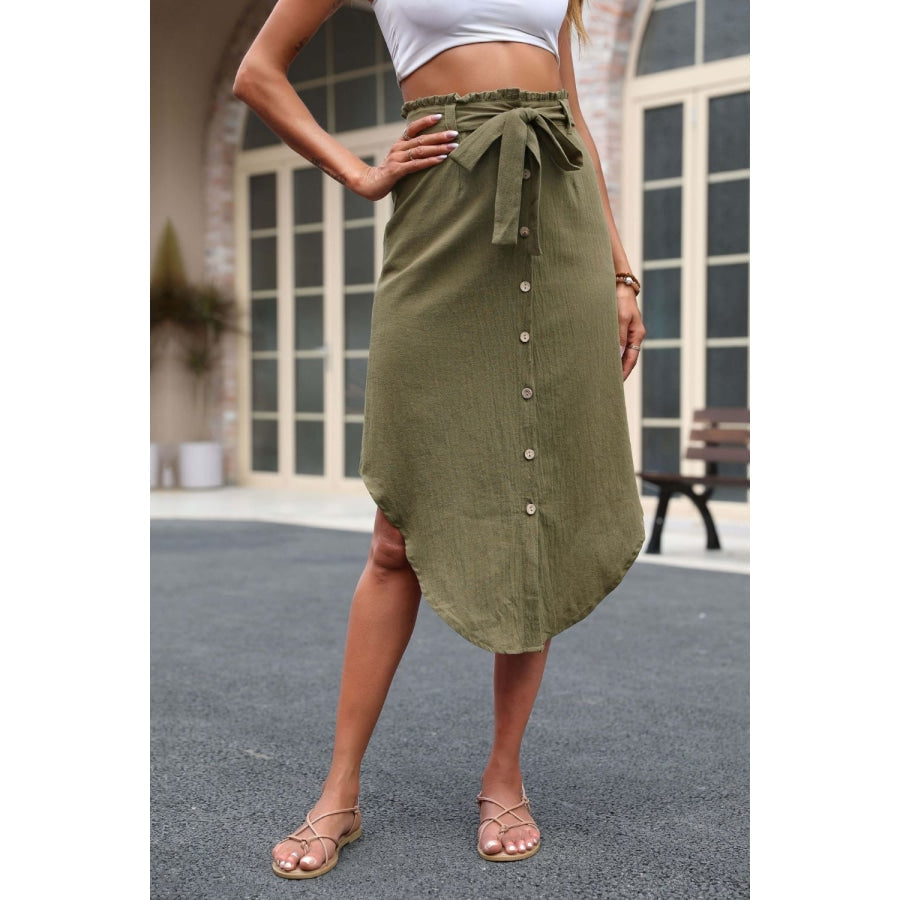 Tie Belt Frill Trim Buttoned Skirt Green / S