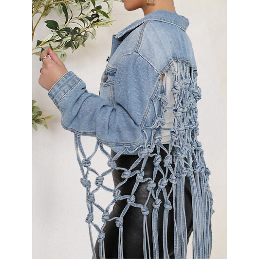 Tie Detail Button Up Denim Jacket with Pockets Apparel and Accessories