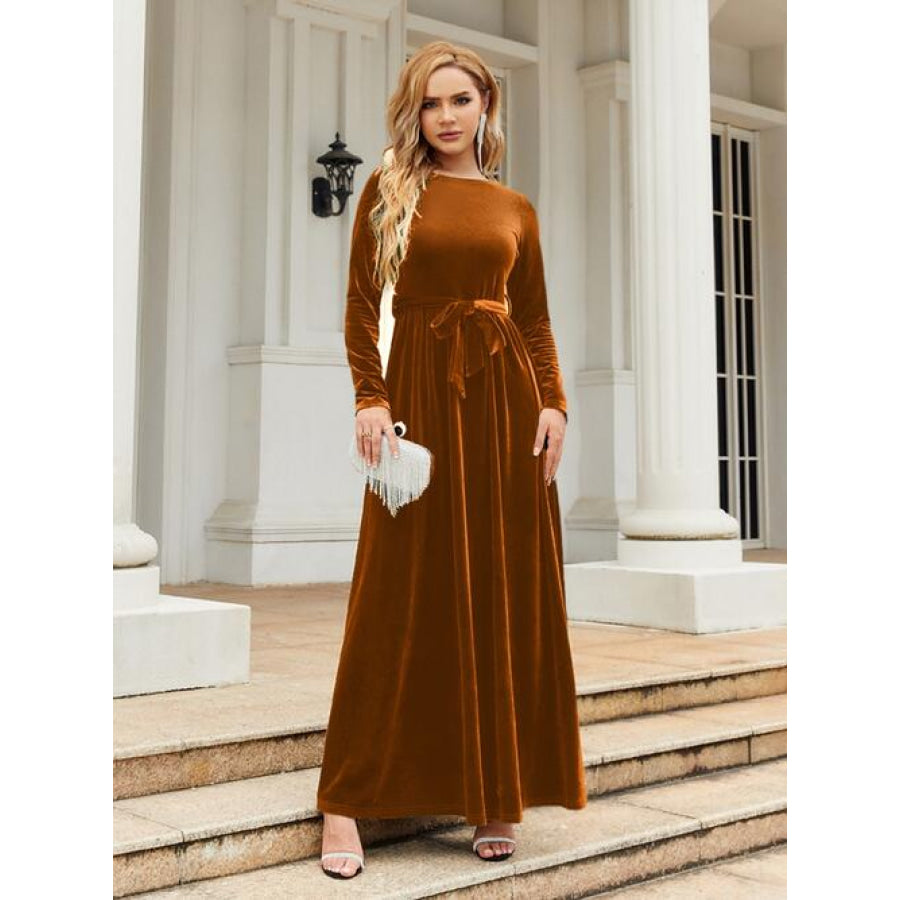 Tie Front Round Neck Long Sleeve Maxi Dress Caramel / S