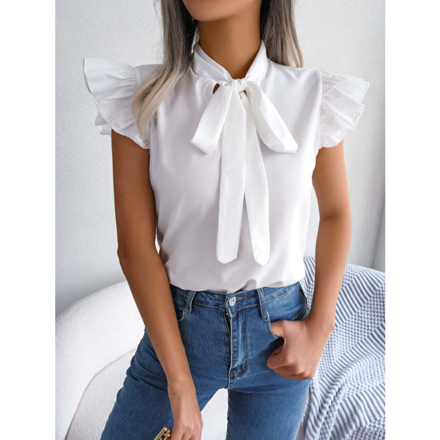 Tie Neck Cap Sleeve Blouse Apparel and Accessories