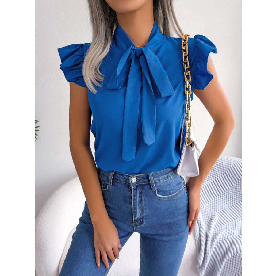Tie Neck Cap Sleeve Blouse Apparel and Accessories