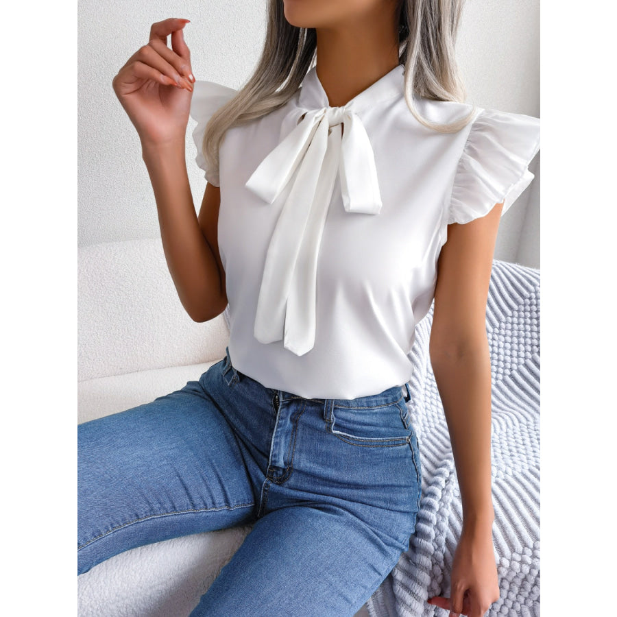 Tie Neck Cap Sleeve Blouse Apparel and Accessories