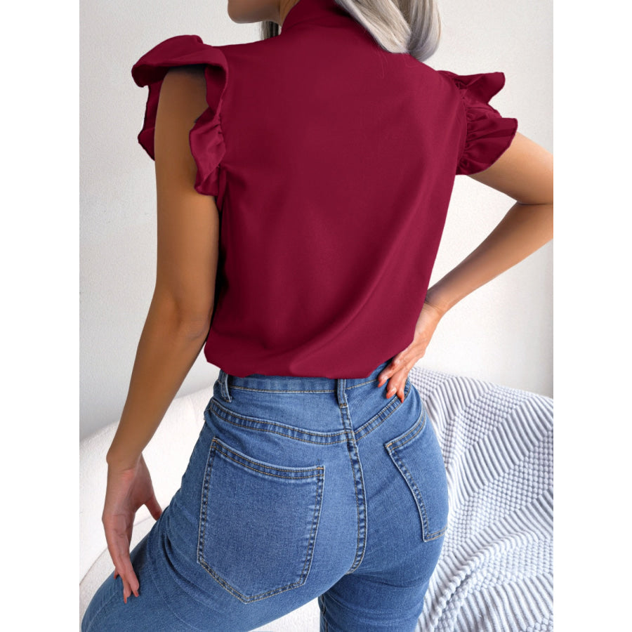 Tie Neck Cap Sleeve Blouse Apparel and Accessories