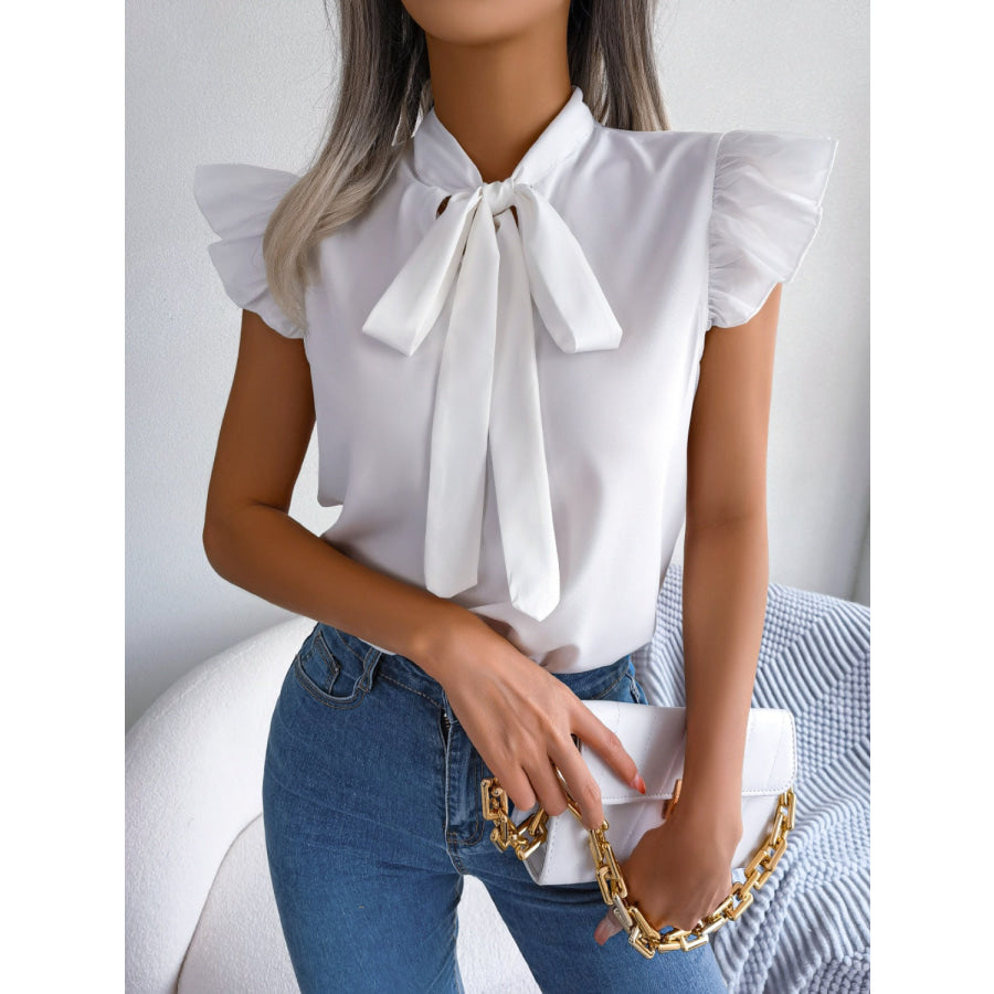 Tie Neck Cap Sleeve Blouse Apparel and Accessories