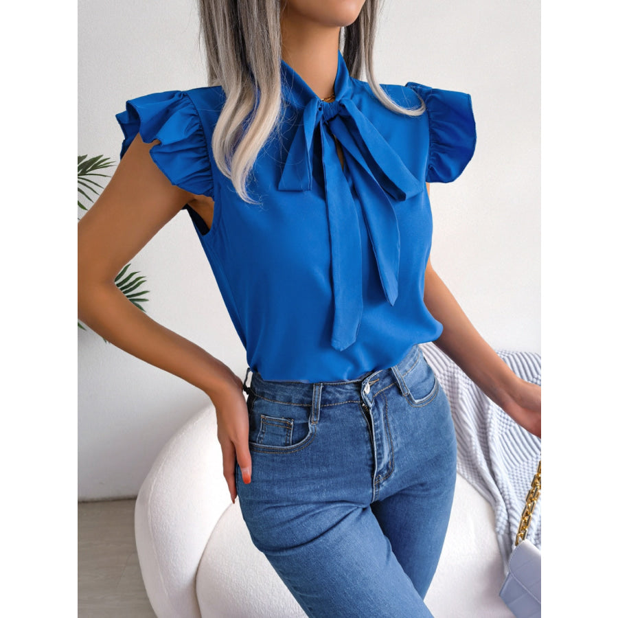 Tie Neck Cap Sleeve Blouse Apparel and Accessories