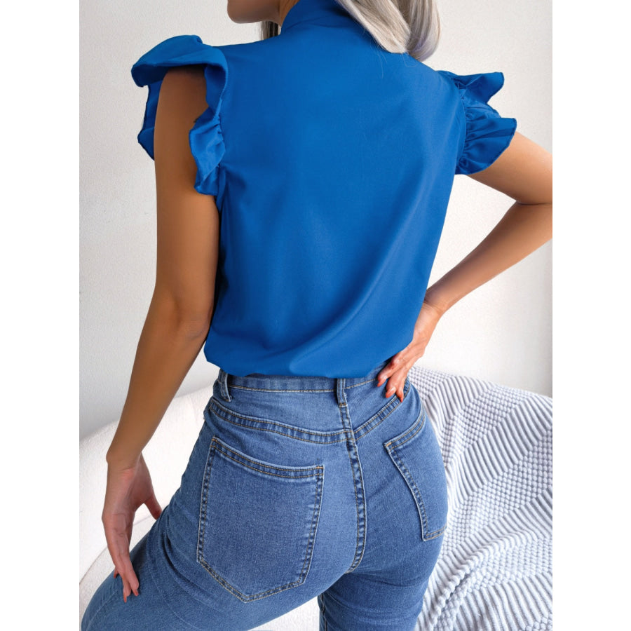 Tie Neck Cap Sleeve Blouse Apparel and Accessories