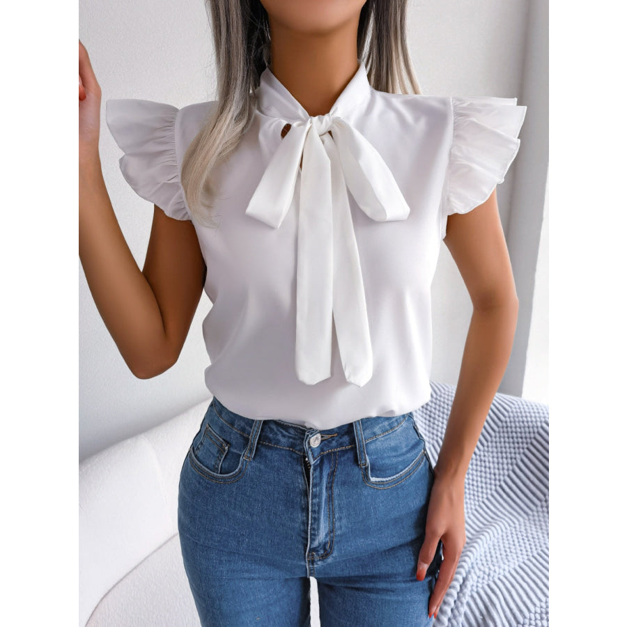 Tie Neck Cap Sleeve Blouse White / S Apparel and Accessories